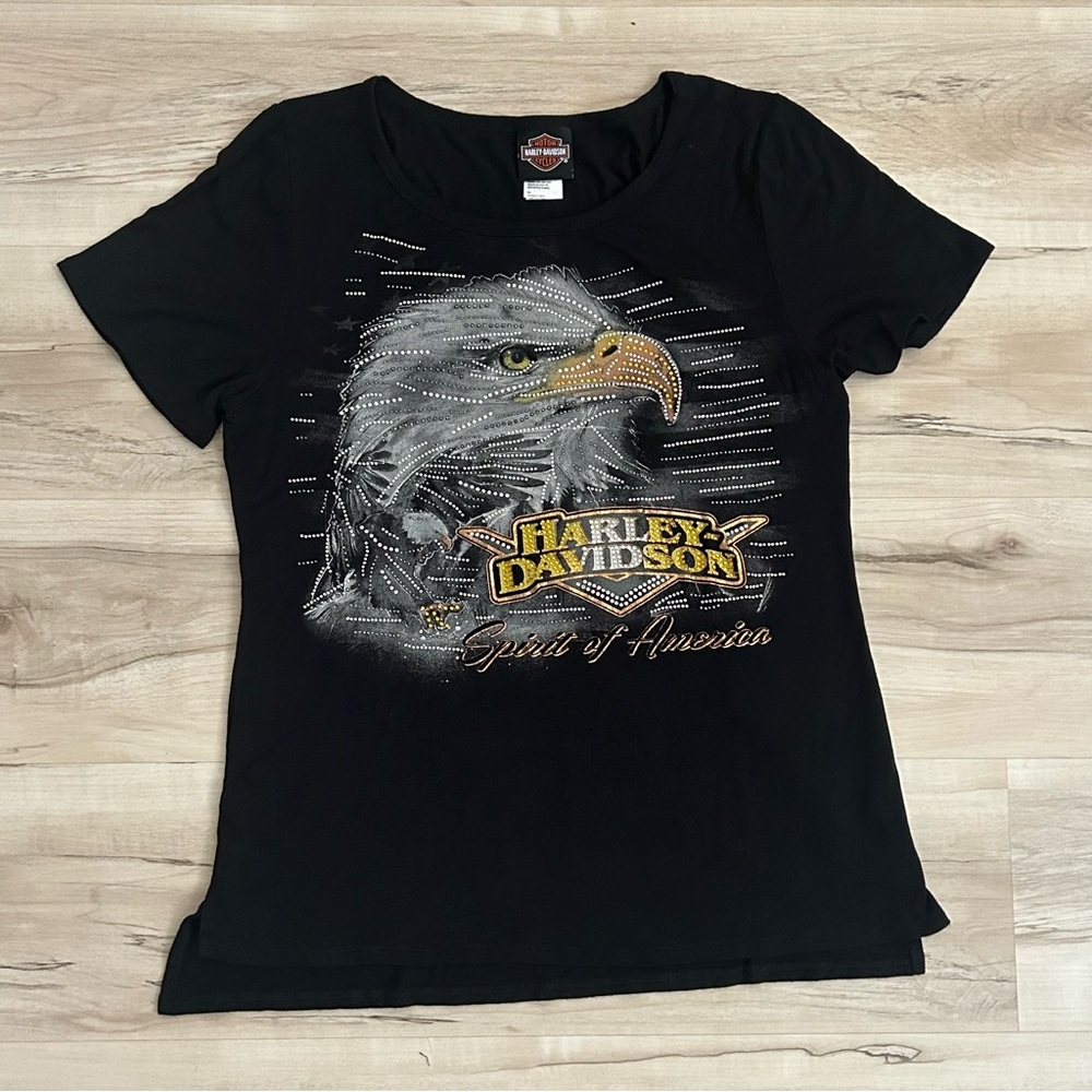 Harley Davidson Black Eagle Rhinestone Spirit Tee Women’s Size Large